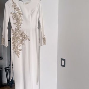 Fitted White MIDI-MAXI dress with Gold and Pearl Embelishment